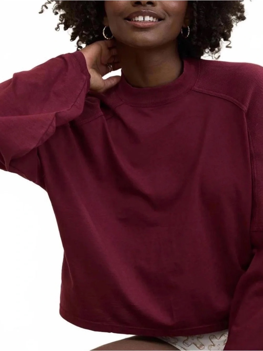 aerie Cozy Mock Neck T- Shirt Long Sleeve Maroon Crewneck Size Medium